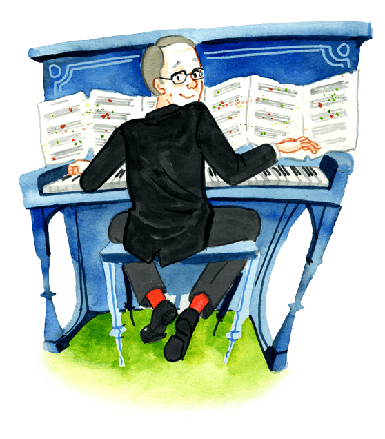 Painting of Peter Brown on piano